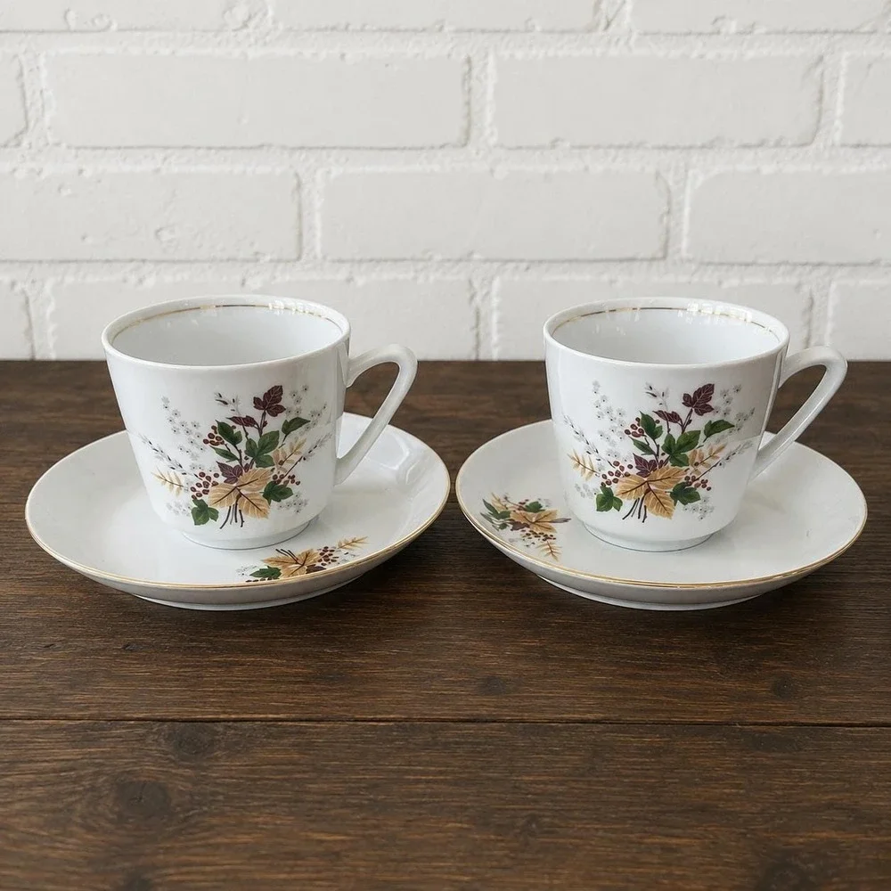 Vintage Kahla Konitz Demitasse Cup Saucer - Autumn Leaves Gold Rim Germany